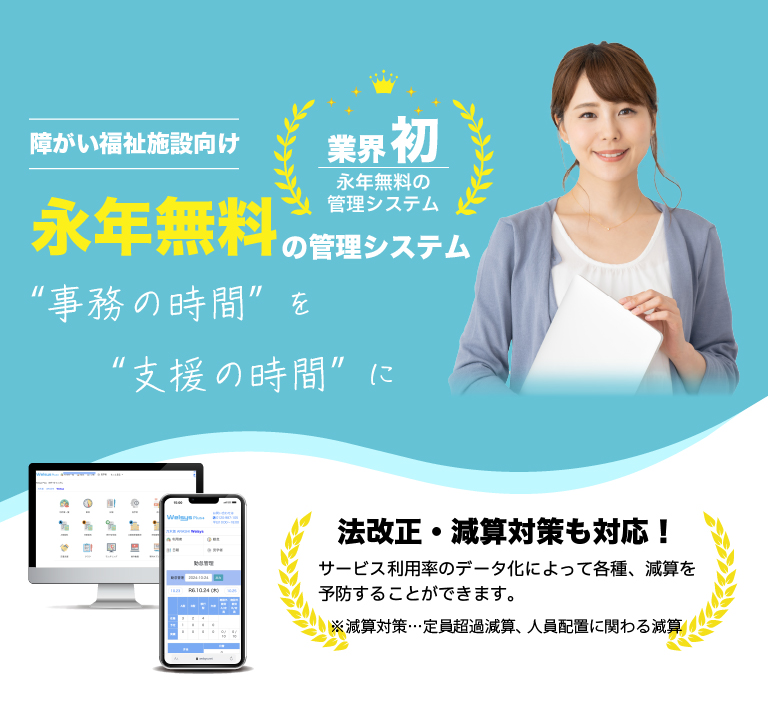 障がい福祉施設向け 永年無料の管理システム WelsysPlus 法改正・減算対策も対応！サービス利用率のデータ化によって各種、減算を予防することができます。